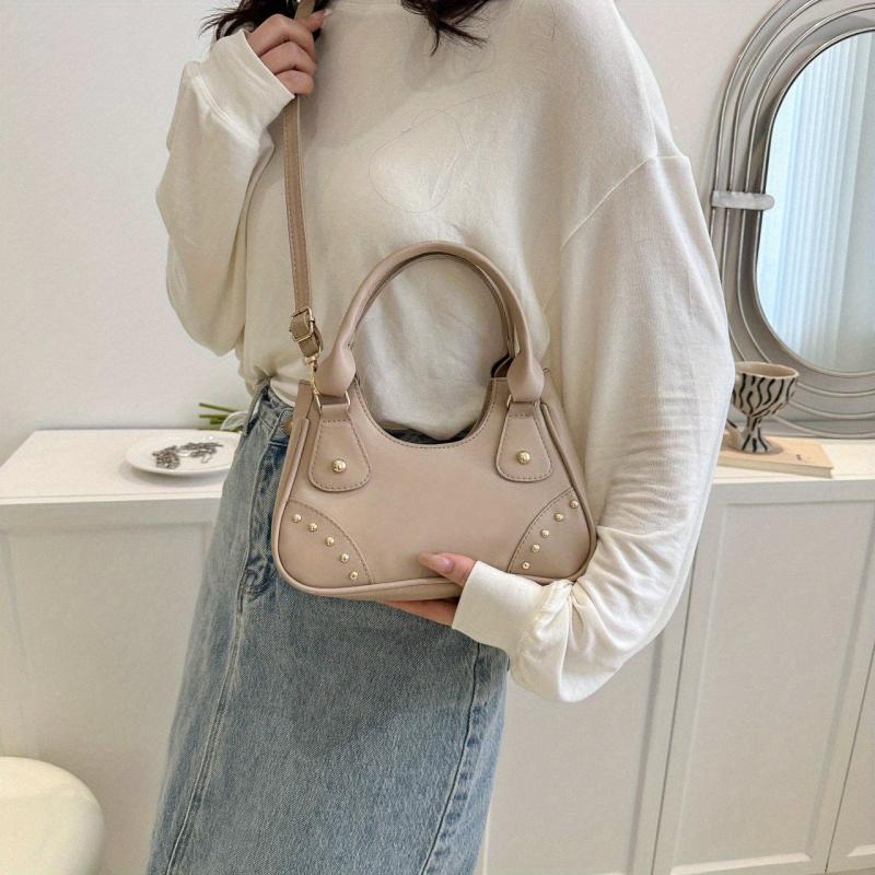 Studded Shoulder Bag Double Handle Faux Leather Crossbody