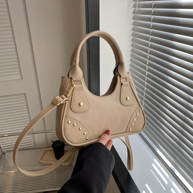 Studded Shoulder Bag Double Handle Faux Leather Crossbody