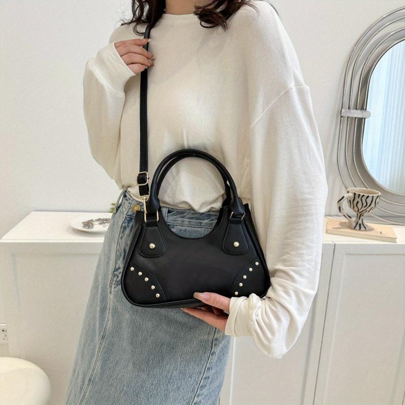 Studded Shoulder Bag Double Handle Faux Leather Crossbody