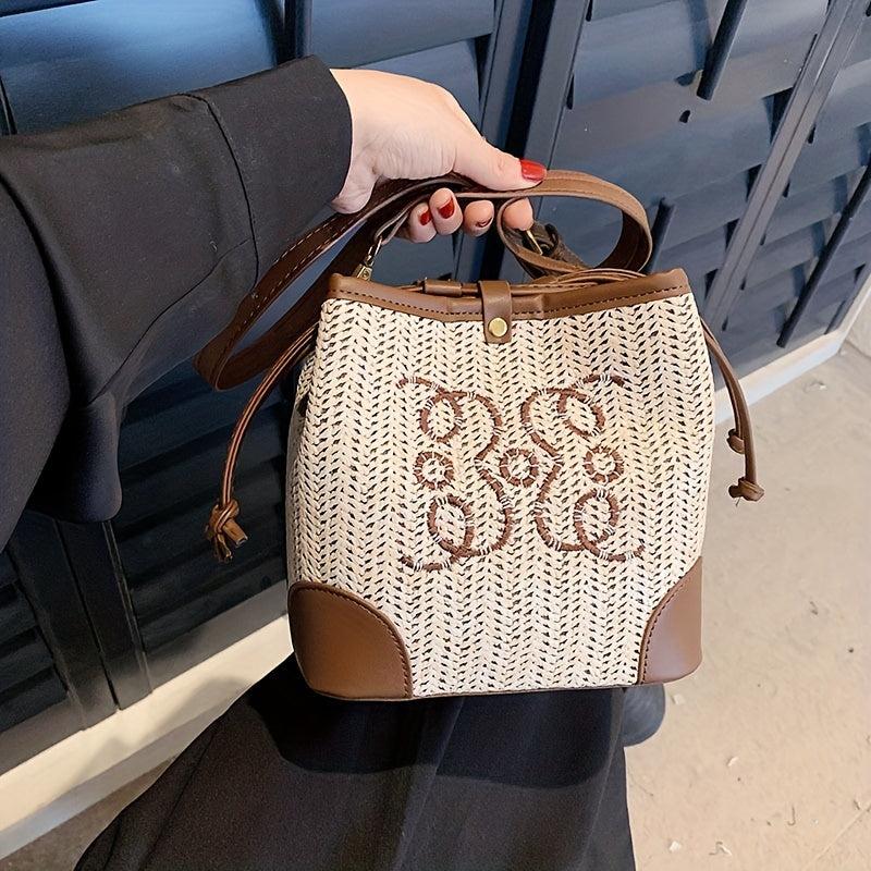 Boho Style Woven Bag Bucket Bag with Embroidery for Women