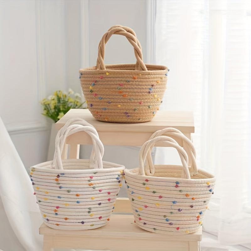 Colorful Dots Decor Tote Satchel Bag Lightweight Straw Handbag