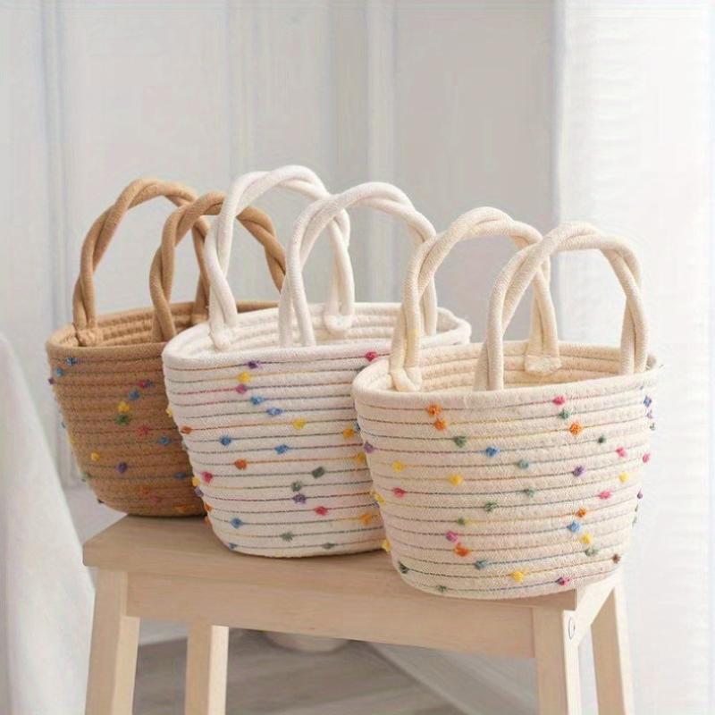 Colorful Dots Decor Tote Satchel Bag Lightweight Straw Handbag