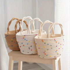 Colorful Dots Decor Tote Satchel Bag Lightweight Straw Handbag