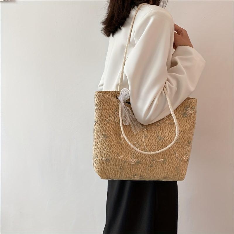 Straw Beach Tote Bag Floral Summer Handbag Women's Daily Shoulder Bag