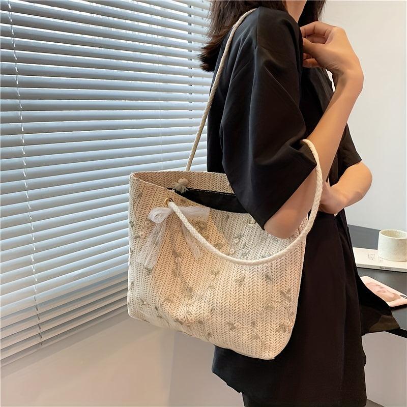 Straw Beach Tote Bag Floral Summer Handbag Women's Daily Shoulder Bag