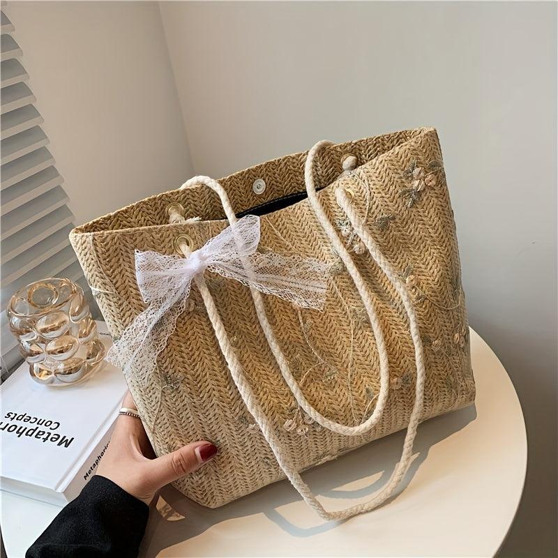 Straw Beach Tote Bag Floral Summer Handbag Women's Daily Shoulder Bag