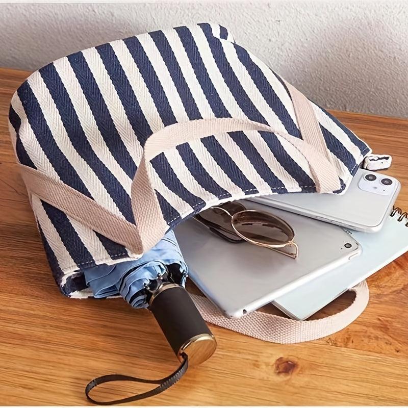 Striped Pattern Canvas Tote Bag Lightweight Satchel Casual Commuter Bag