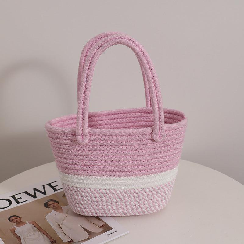 Colorblock Straw Satchel Bag Lightweight Storage Basket Travel Picnic Bag