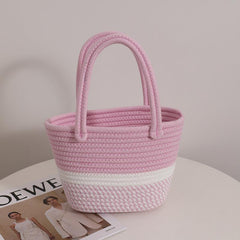 Colorblock Straw Satchel Bag Lightweight Storage Basket Travel Picnic Bag