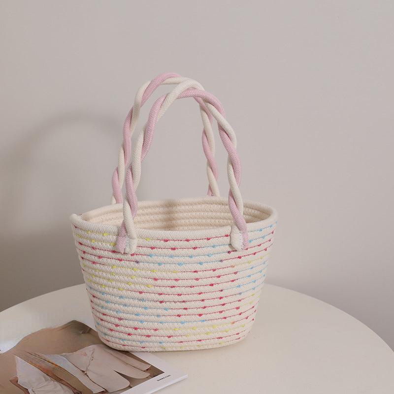 Colorblock Straw Satchel Bag Lightweight Storage Basket Travel Picnic Bag