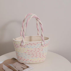Colorblock Straw Satchel Bag Lightweight Storage Basket Travel Picnic Bag
