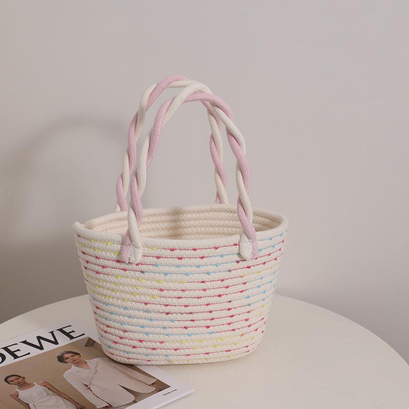 Colorblock Straw Satchel Bag Lightweight Storage Basket Travel Picnic Bag