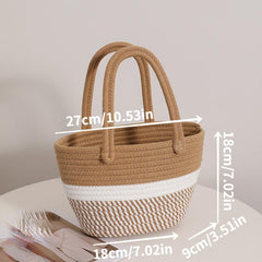 Colorblock Straw Satchel Bag Lightweight Storage Basket Travel Picnic Bag
