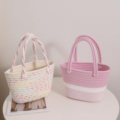 Colorblock Straw Satchel Bag Lightweight Storage Basket Travel Picnic Bag