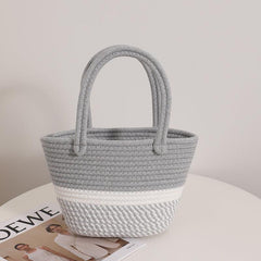 Colorblock Straw Satchel Bag Lightweight Storage Basket Travel Picnic Bag
