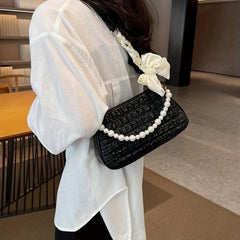 Bow Decor Pearl Metal Chain Crossbody Bag PU Leather Underarm Bag Purse