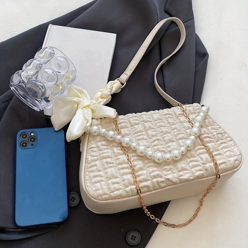 Bow Decor Pearl Metal Chain Crossbody Bag PU Leather Underarm Bag Purse