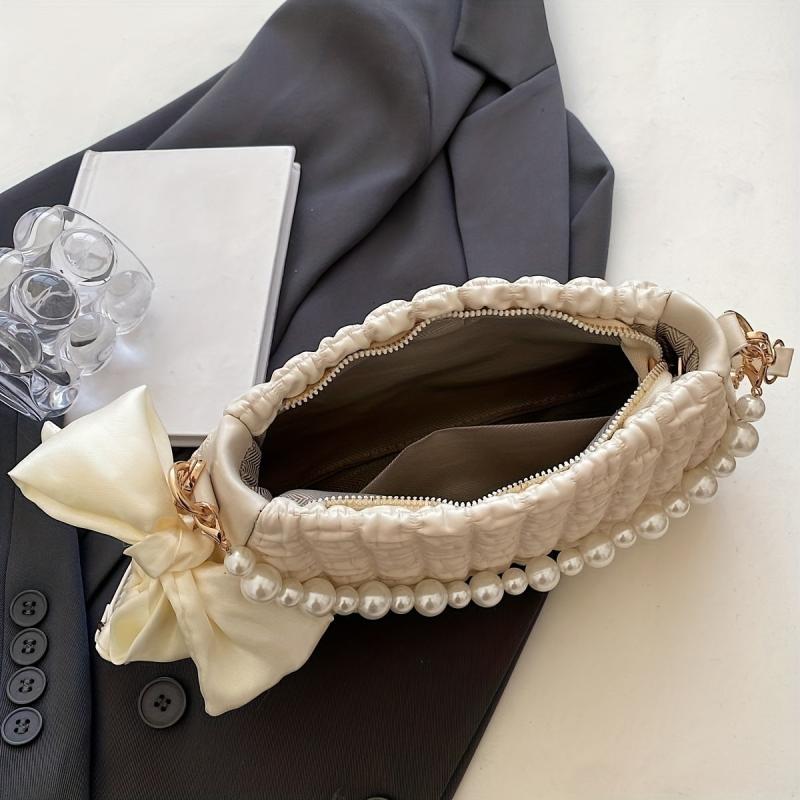 Bow Decor Pearl Metal Chain Crossbody Bag PU Leather Underarm Bag Purse