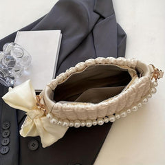 Bow Decor Pearl Metal Chain Crossbody Bag PU Leather Underarm Bag Purse