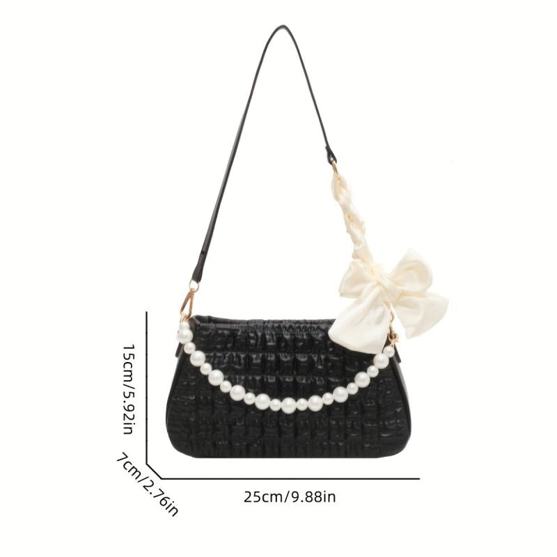 Bow Decor Pearl Metal Chain Crossbody Bag PU Leather Underarm Bag Purse