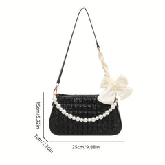 Bow Decor Pearl Metal Chain Crossbody Bag PU Leather Underarm Bag Purse