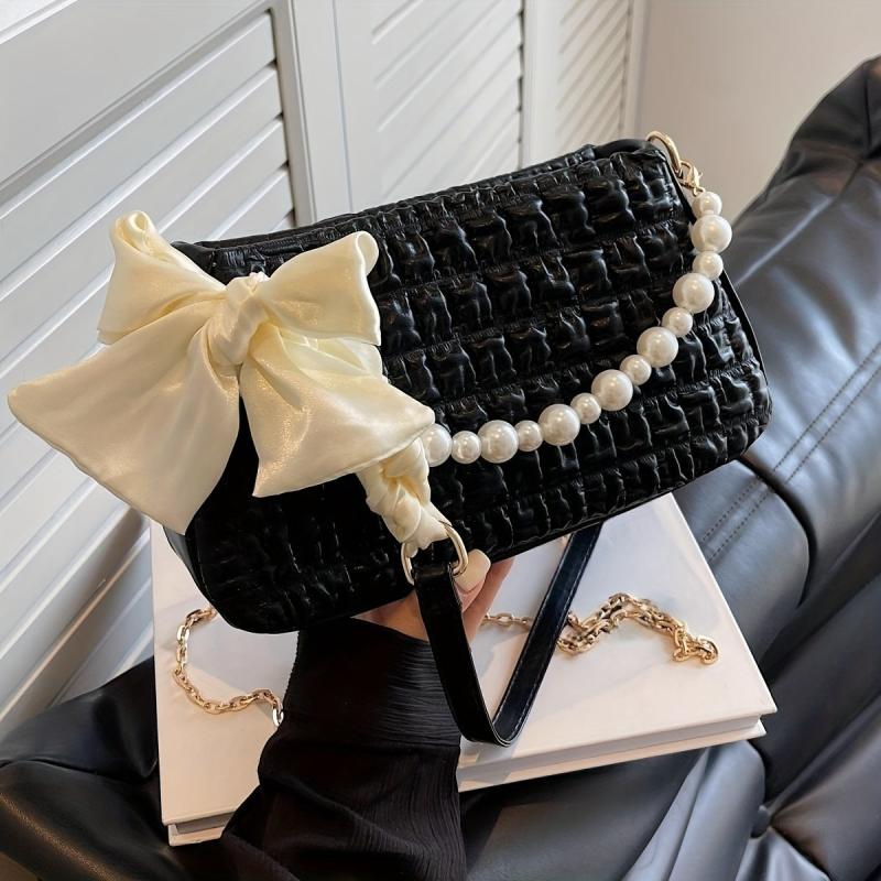 Bow Decor Pearl Metal Chain Crossbody Bag PU Leather Underarm Bag Purse