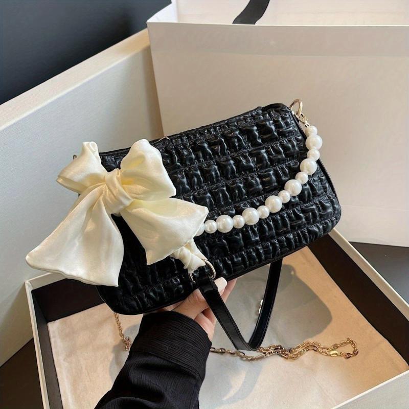 Bow Decor Pearl Metal Chain Crossbody Bag PU Leather Underarm Bag Purse