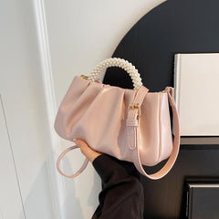 Pleated Cloud Pearl Handle Crossbody Bag PU Leather Textured Bag