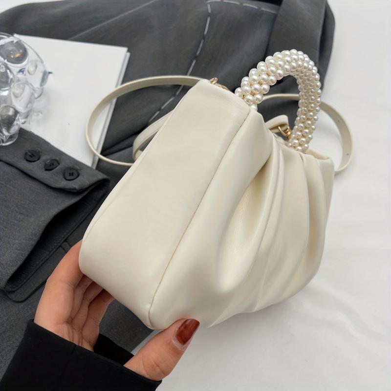 Pleated Cloud Pearl Handle Crossbody Bag PU Leather Textured Bag