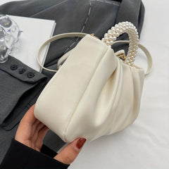 Pleated Cloud Pearl Handle Crossbody Bag PU Leather Textured Bag
