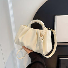 Pleated Cloud Pearl Handle Crossbody Bag PU Leather Textured Bag