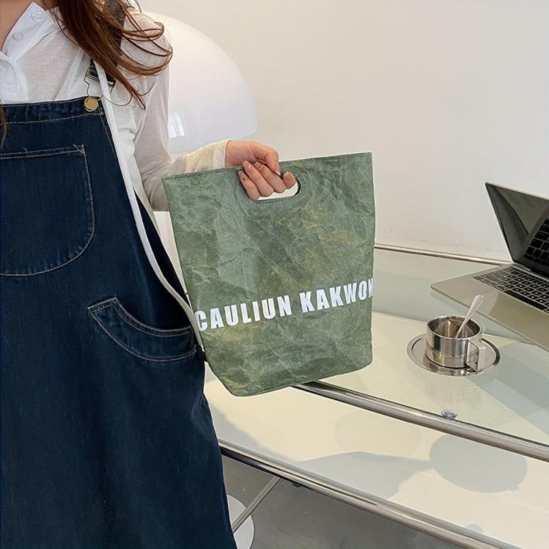 Letter Print Vintage Style Handbag Lightweight Portable Double Handle Handbag