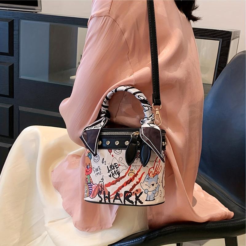 Mini Bear Scarf Handle Crossbody Bucket Bag PU Leather Purse
