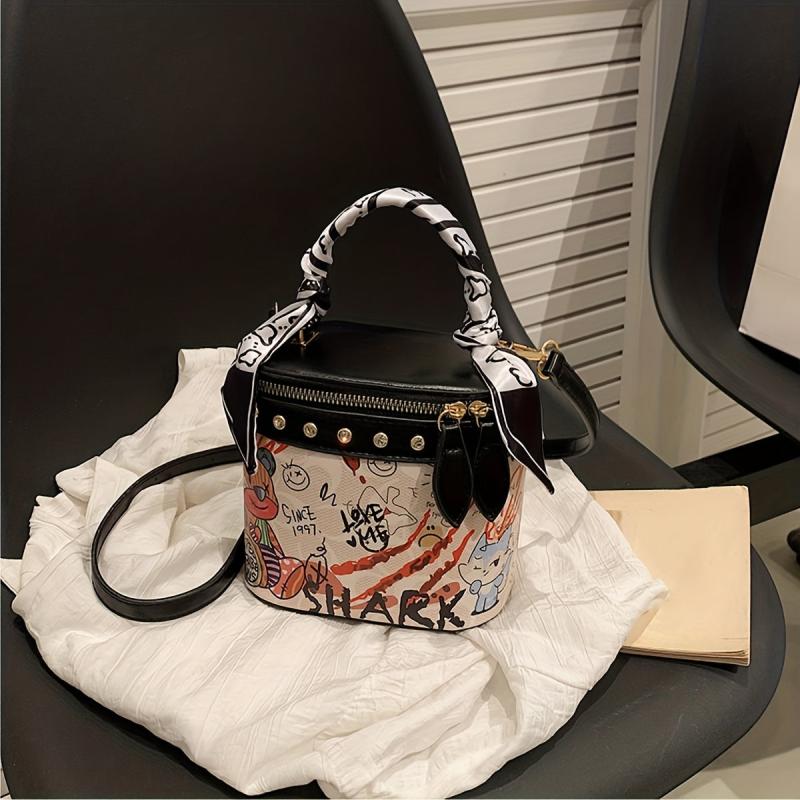 Mini Bear Scarf Handle Crossbody Bucket Bag PU Leather Purse