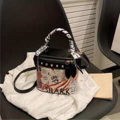 Mini Bear Scarf Handle Crossbody Bucket Bag PU Leather Purse
