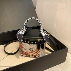Mini Bear Scarf Handle Crossbody Bucket Bag PU Leather Purse