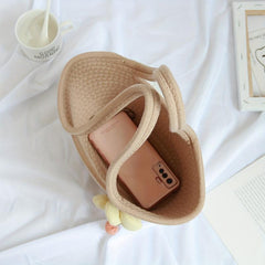 Flower Decor Woven Handbags Small Beach Bag