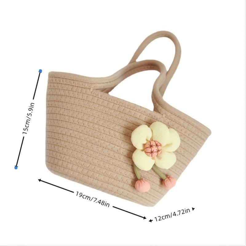 Flower Decor Woven Handbags Small Beach Bag