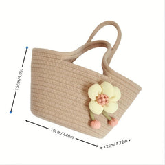 Flower Decor Woven Handbags Small Beach Bag