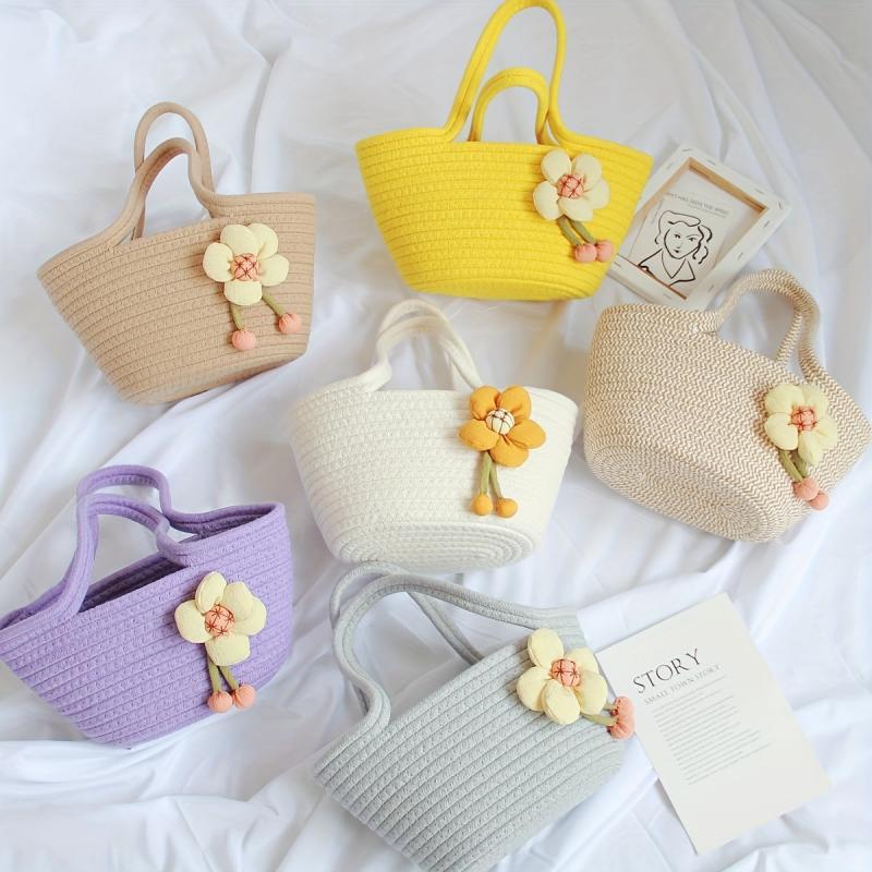 Flower Decor Woven Handbags Small Beach Bag
