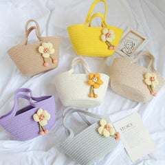 Flower Decor Woven Handbags Small Beach Bag