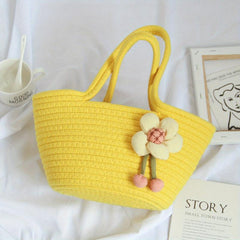 Flower Decor Woven Handbags Small Beach Bag