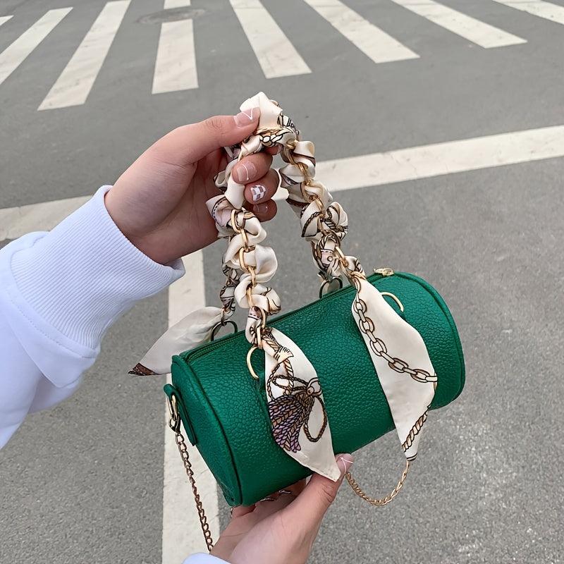 Litchi Pattern Boston Bag Women's Scarf Decor Handbag Chain Crossbody Bag