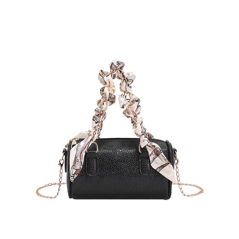 Litchi Pattern Boston Bag Women's Scarf Decor Handbag Chain Crossbody Bag