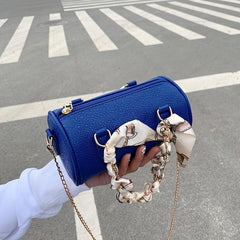Litchi Pattern Boston Bag Women's Scarf Decor Handbag Chain Crossbody Bag