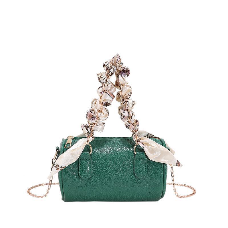Litchi Pattern Boston Bag Women's Scarf Decor Handbag Chain Crossbody Bag