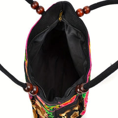 Flower Embroidery Canvas Handbag Women's Beads Decor Ethnic Style Tote Bag