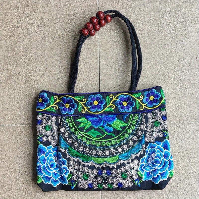 Flower Embroidery Canvas Handbag Women's Beads Decor Ethnic Style Tote Bag
