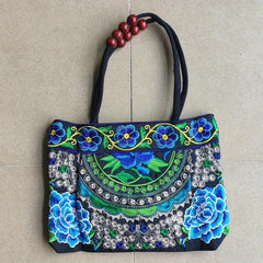Flower Embroidery Canvas Handbag Women's Beads Decor Ethnic Style Tote Bag