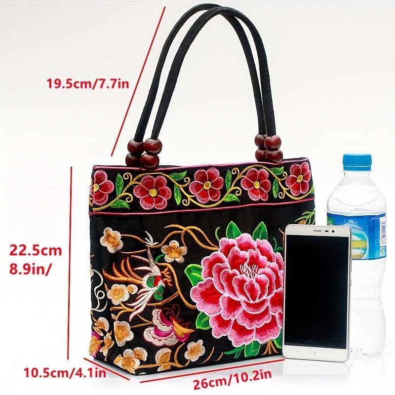 Flower Embroidery Canvas Handbag Women's Beads Decor Ethnic Style Tote Bag